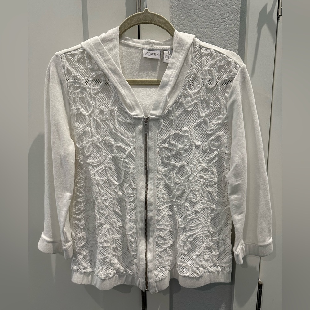 Chico’s Zenergy White Appliquéd Zippered Hoodie - size 1